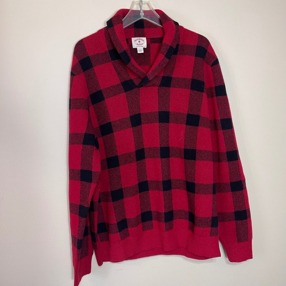 Brooks Brothers Red Black Shawl Collar Plaid Sweater Men's L Italian Yarn Wool